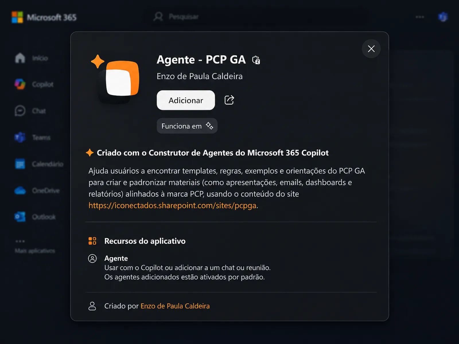 PCP GA agent card in Microsoft 365, showing its description and knowledge source