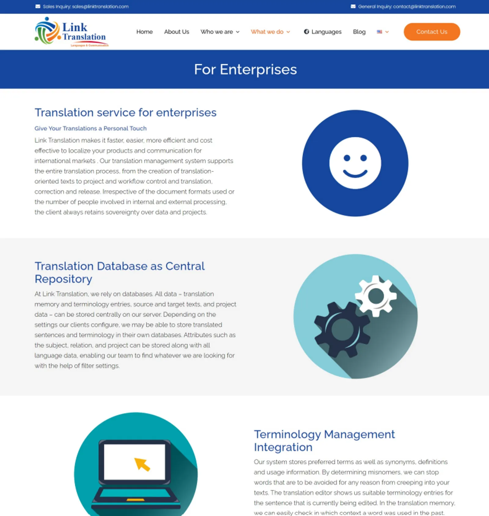 Previous LinkTranslation site: institutional page with generic illustrations and no hierarchy