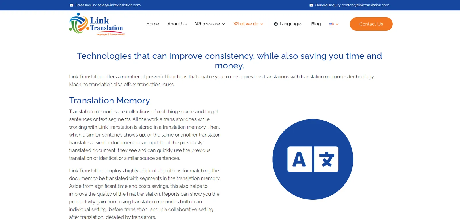 Feature page of the previous site, with dense text and no visual hierarchy
