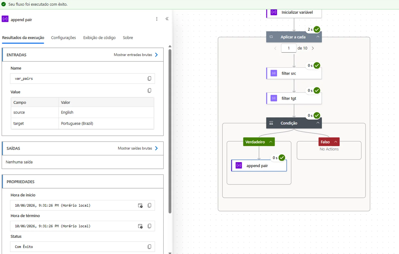 Automation flow comparing source and target language pairs, with a filter condition