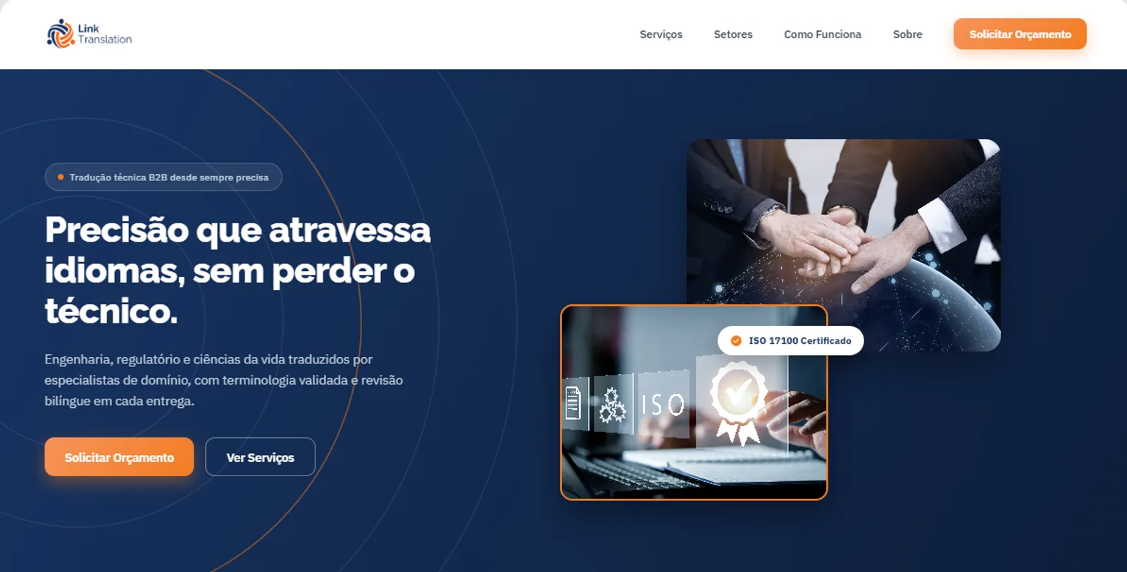 New LinkTranslation homepage with dark hero and ISO 17100 certification seal
