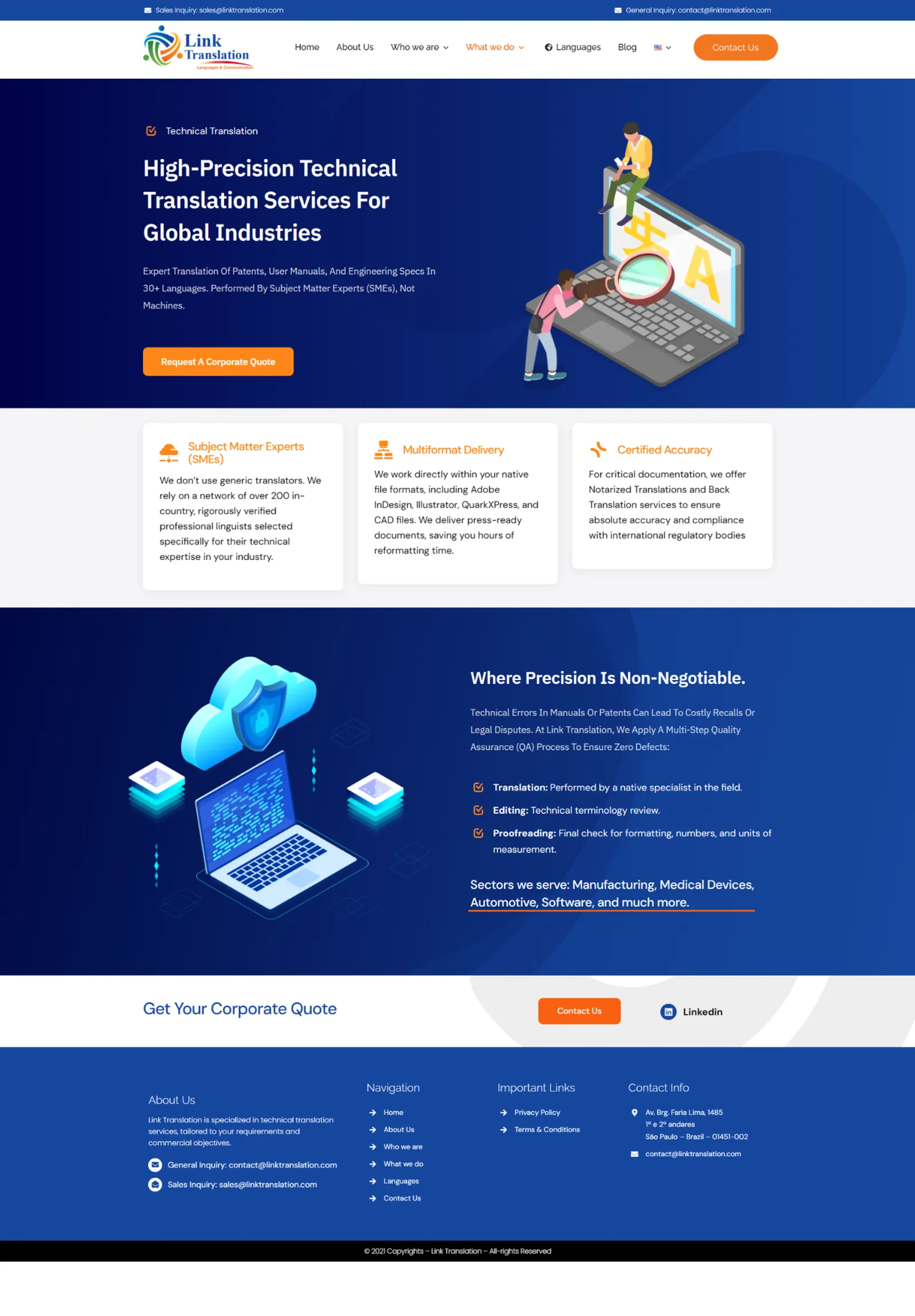 New technical translation page with differentiators in cards and a quality process