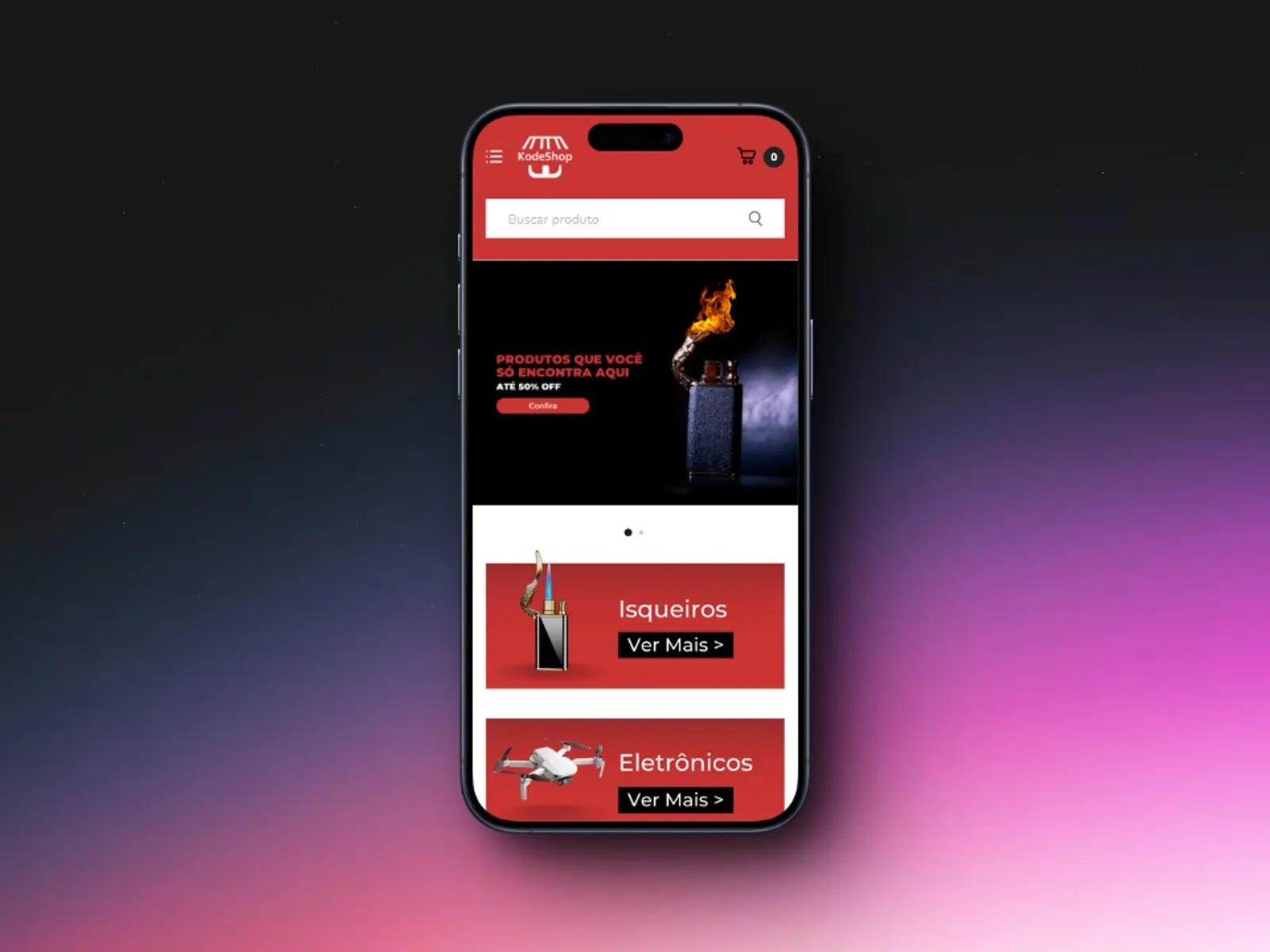 KodeShop mobile version with search, banner and stacked categories